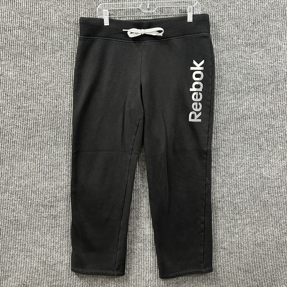 Reebok Logo Womens Pants Size Large Black‎ Pull On Stretch Activewear Mid Rise